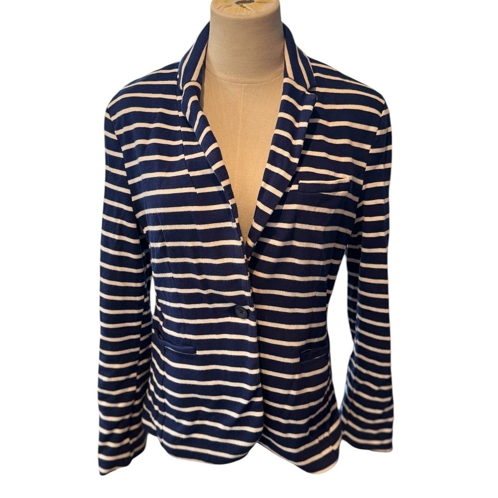 Gap Navy Blue White Striped 100% Cotton Knit Blazer Jacket Womens 8 Nautical